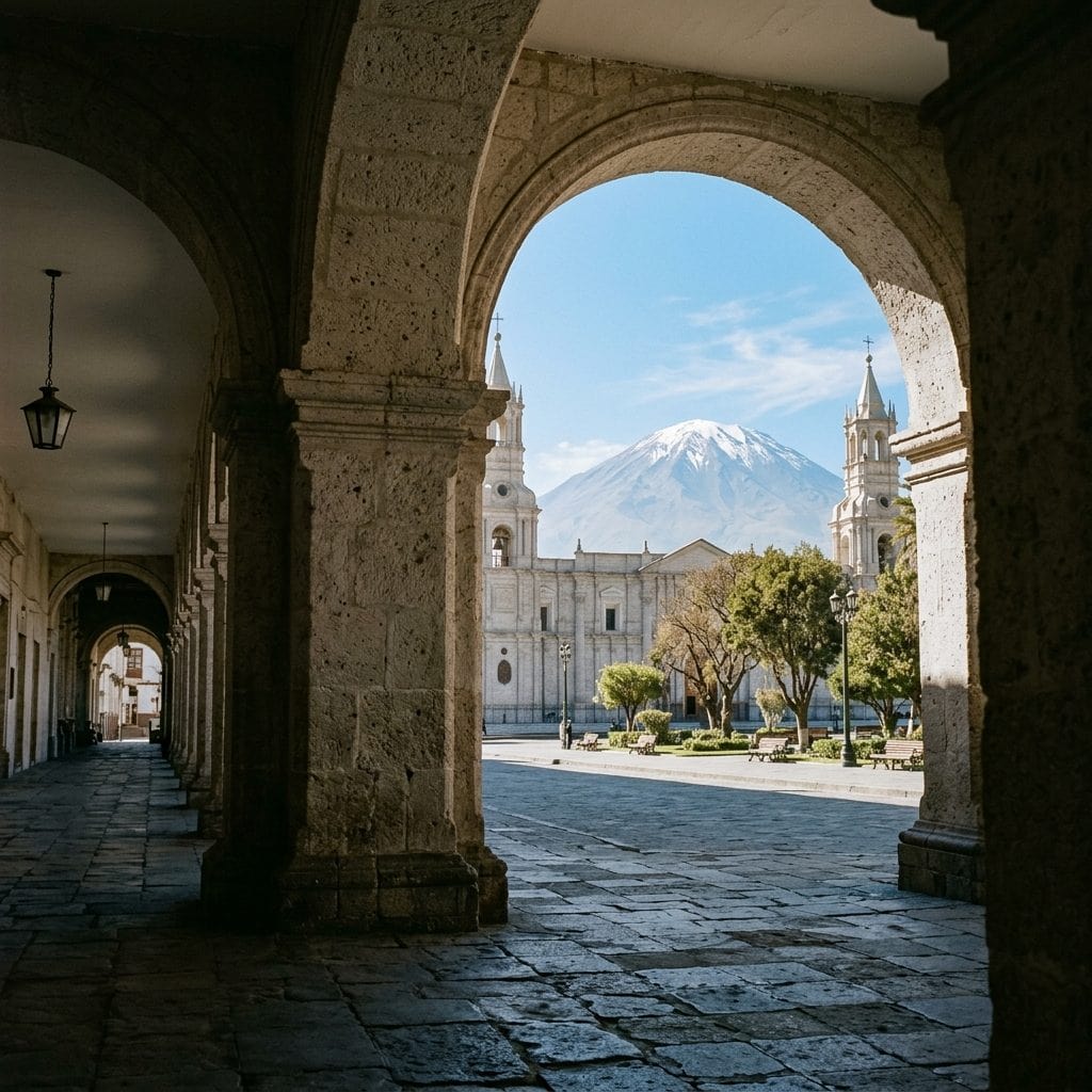 Arche de sillar de la place d'Arequipa encadrant le volcan Misti