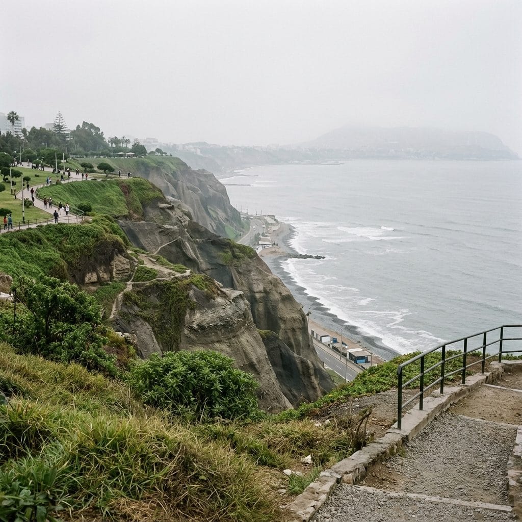 Falaise verte de Miraflores dominant le Pacifique sous la garúa