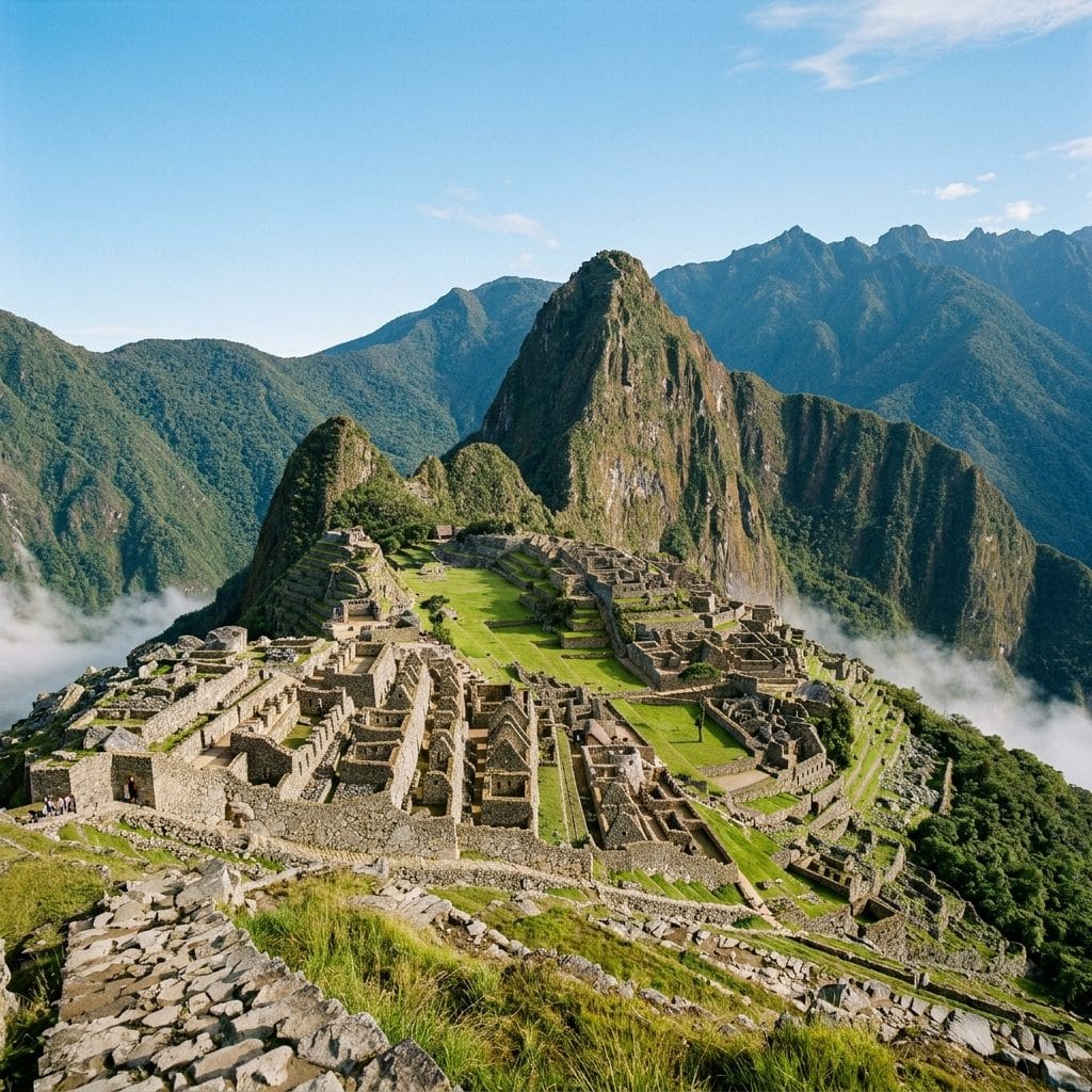 Citadelle du Machu Picchu et le pic du Huayna Picchu vus de la terrasse haute