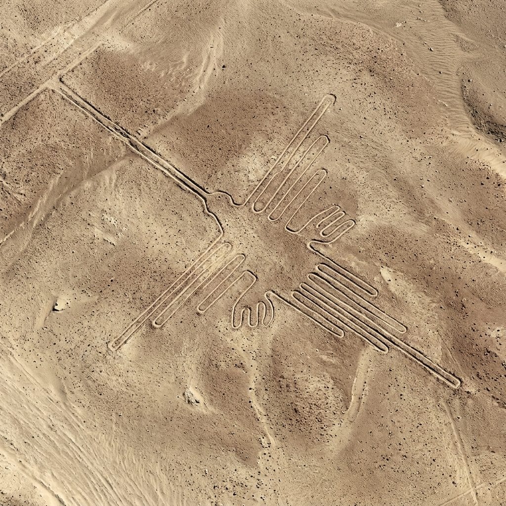 Géoglyphe du colibri tracé dans le désert de Nazca, vu du ciel