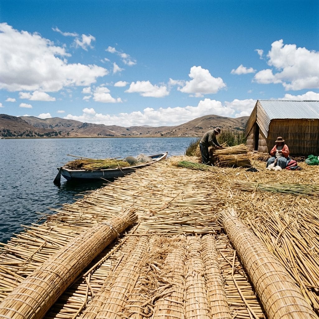 Surface de roseaux totora d'une île flottante du lac Titicaca