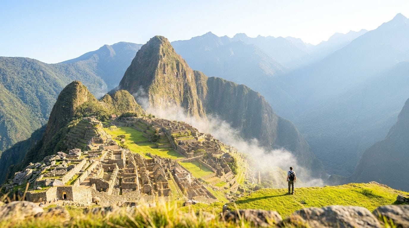 Voyageur seul contemplant la citadelle du Machu Picchu dans la lumière du matin