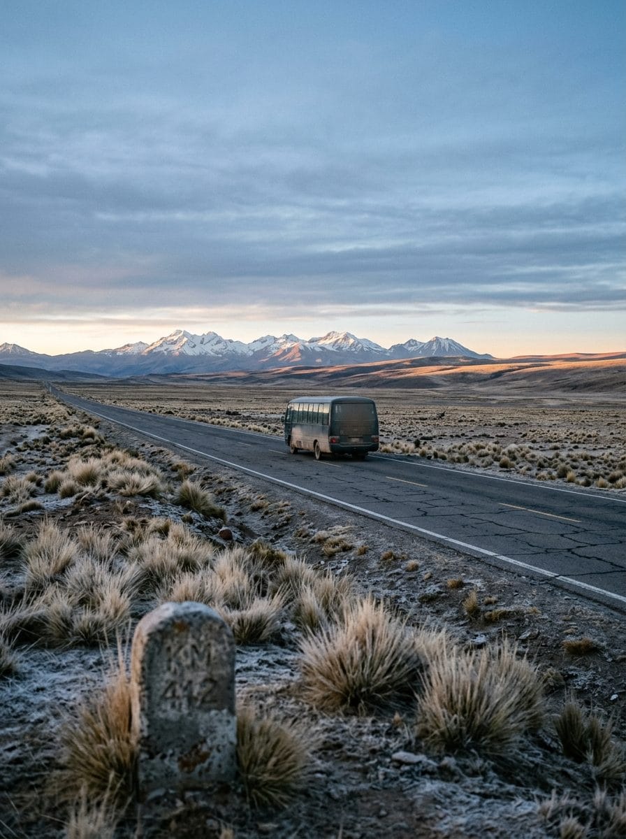 Bus traversant l'altiplano péruvien sur une route rectiligne à l'aube