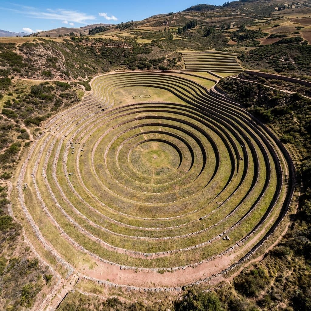 Terrasses circulaires concentriques de Moray vues du ciel