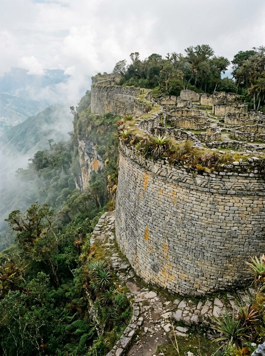 Forteresse de Kuélap et ses murailles circulaires émergeant des nuages