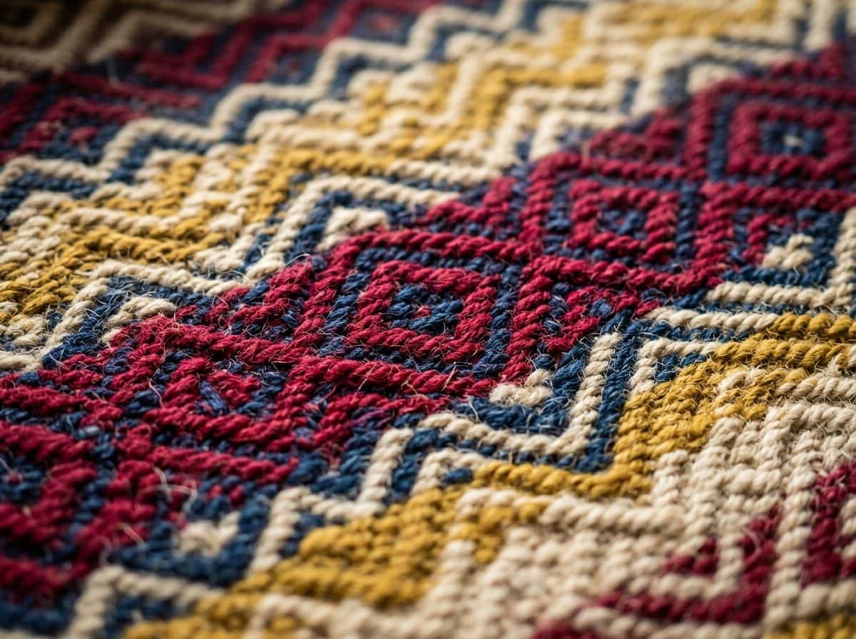 Textile andin tissé main en laine teinte à la cochenille et à l'indigo