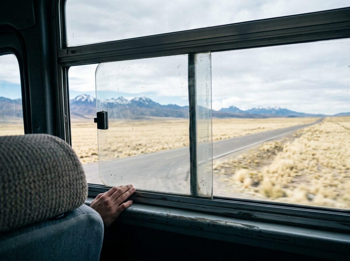Altiplano défilant derrière la vitre d'un bus longue distance