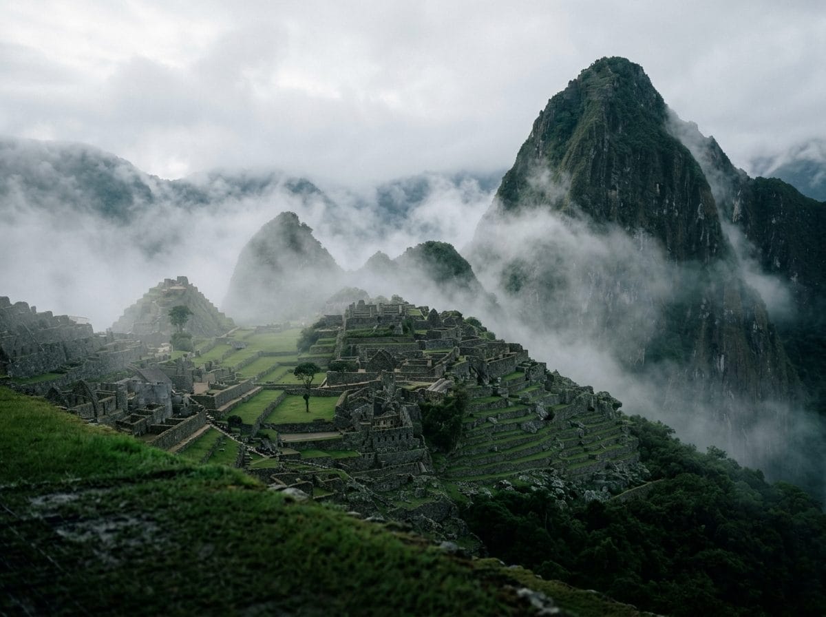 Citadelle du Machu Picchu à demi cachée par les nuages du matin
