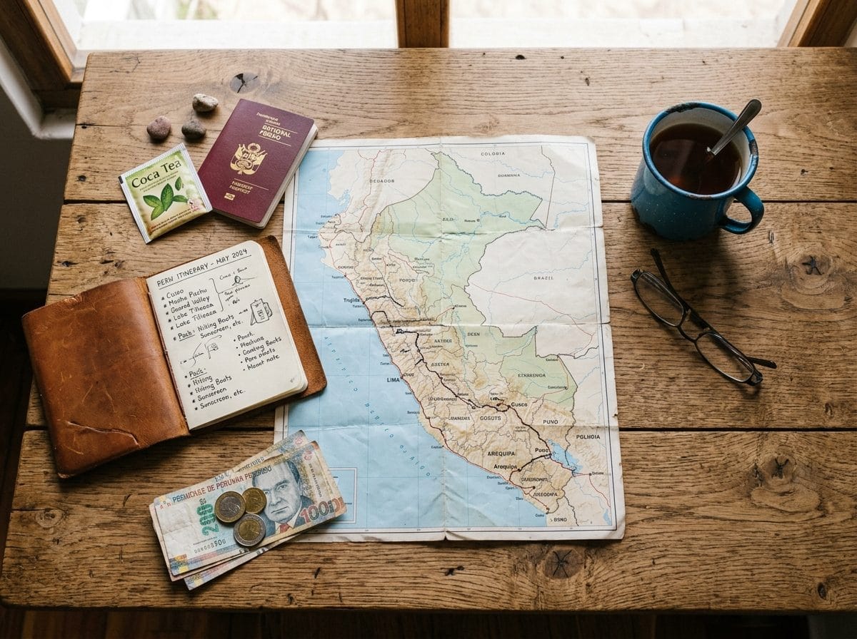Carte du Pérou, carnet et soles disposés sur une table en bois